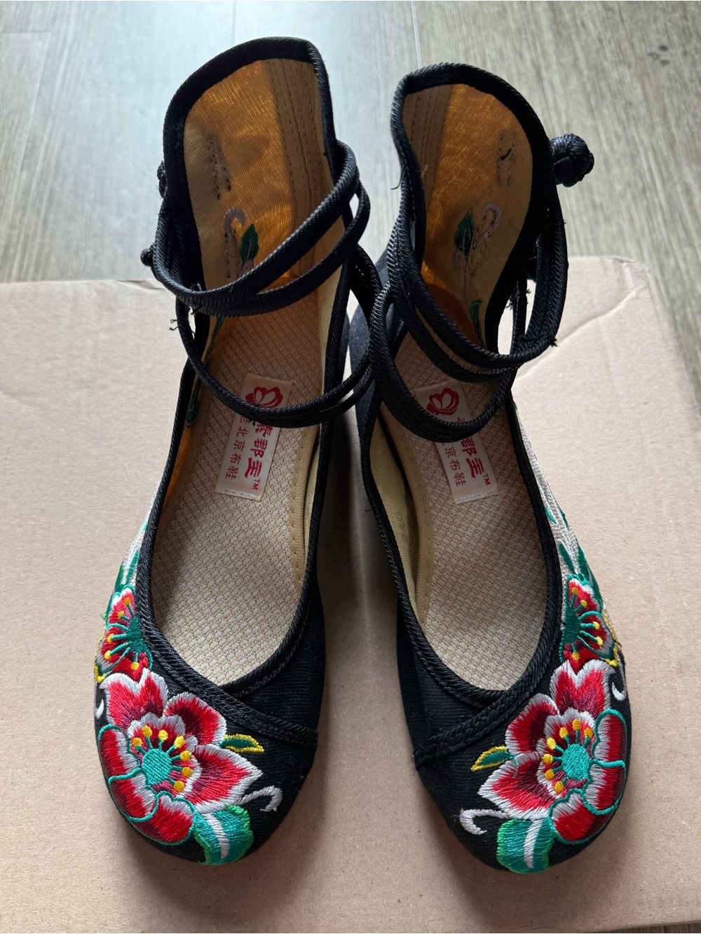 Embroidered Black Floral Ankle-Tie Women’s Flats